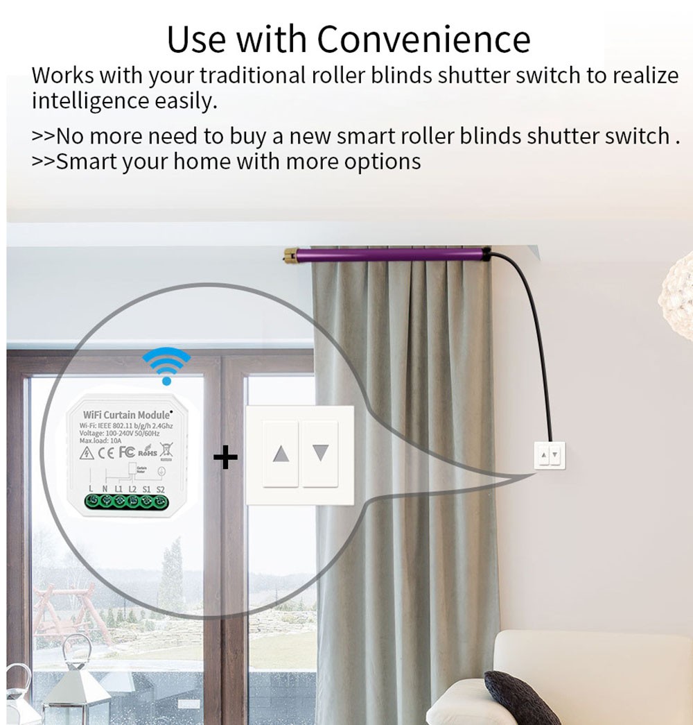 WHD09 Tuya WiFi Smart Curtain Switch Controller, Countdown/Timing Function, App/Voice Control, Home Curtain Modification