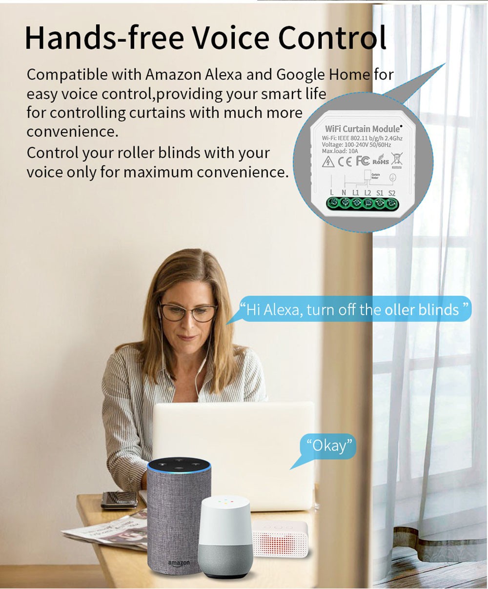 WHD09 Tuya WiFi Smart Curtain Switch Controller, Countdown/Timing Function, App/Voice Control, Home Curtain Modification