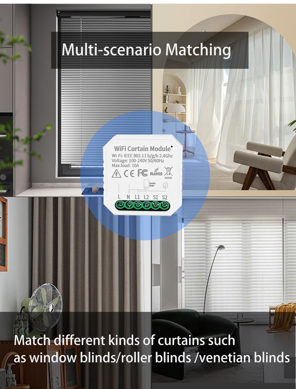 WHD09 Tuya WiFi Smart Curtain Switch Controller, Countdown/Timing Function, App/Voice Control, Home Curtain Modification