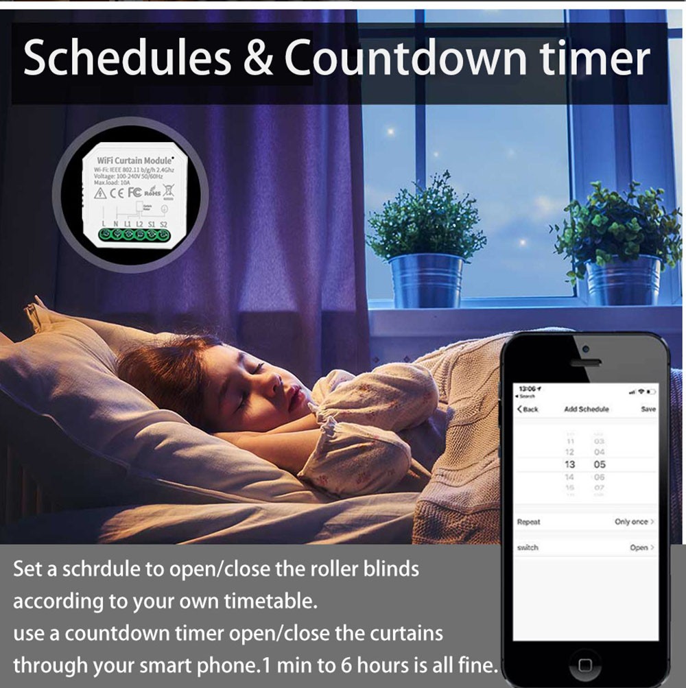 WHD09 Tuya WiFi Smart Curtain Switch Controller, Countdown/Timing Function, App/Voice Control, Home Curtain Modification
