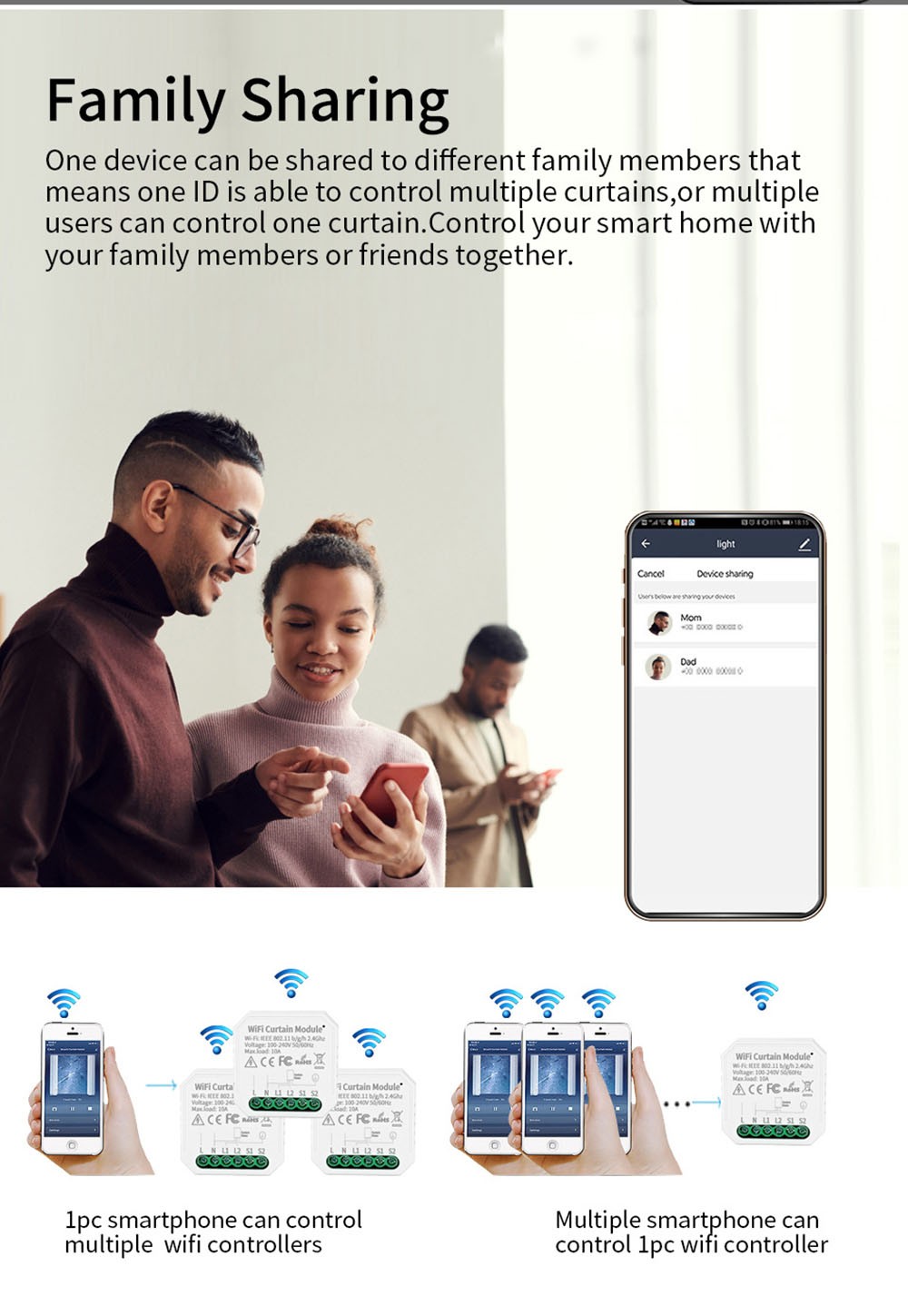 WHD09 Tuya WiFi Smart Curtain Switch Controller, Countdown/Timing Function, App/Voice Control, Home Curtain Modification