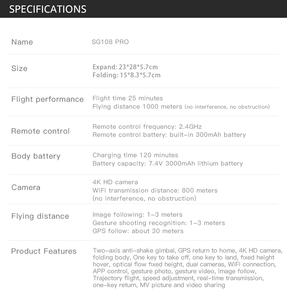 ZLL SG108 Pro RC Drone, 2-axis Anti-shake Gimbal, Dual Camera, APP Control, GPS/GLONASS Double Mode 2 Batteries - Black