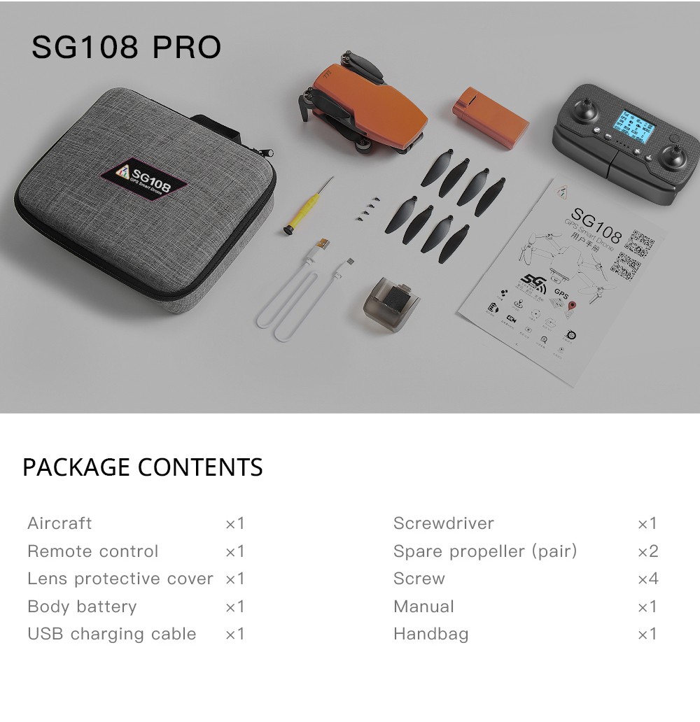 ZLL SG108 Pro RC Drone, 2-axis Anti-shake Gimbal, Dual Camera, APP Control, GPS/GLONASS Double Mode 2 Batteries - Orange