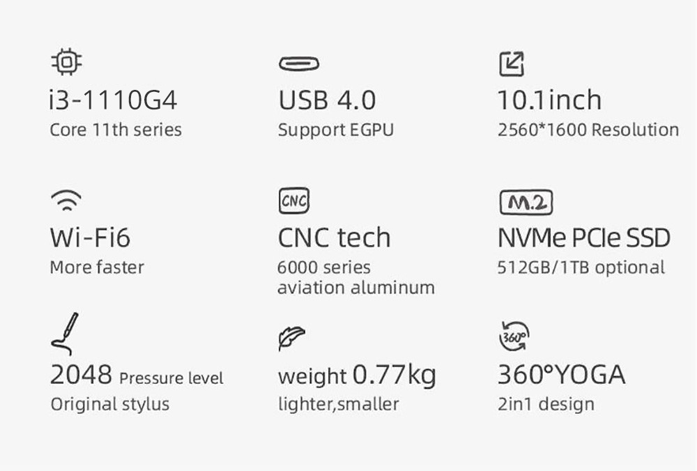 One Netbook 4S Platinum 2 in 1 Laptop Intel Core i3-1110G4 Processor, 16GB LPDDR5 1TB ROM 10.1'' 2.5K LTPS Full Display - US Plug