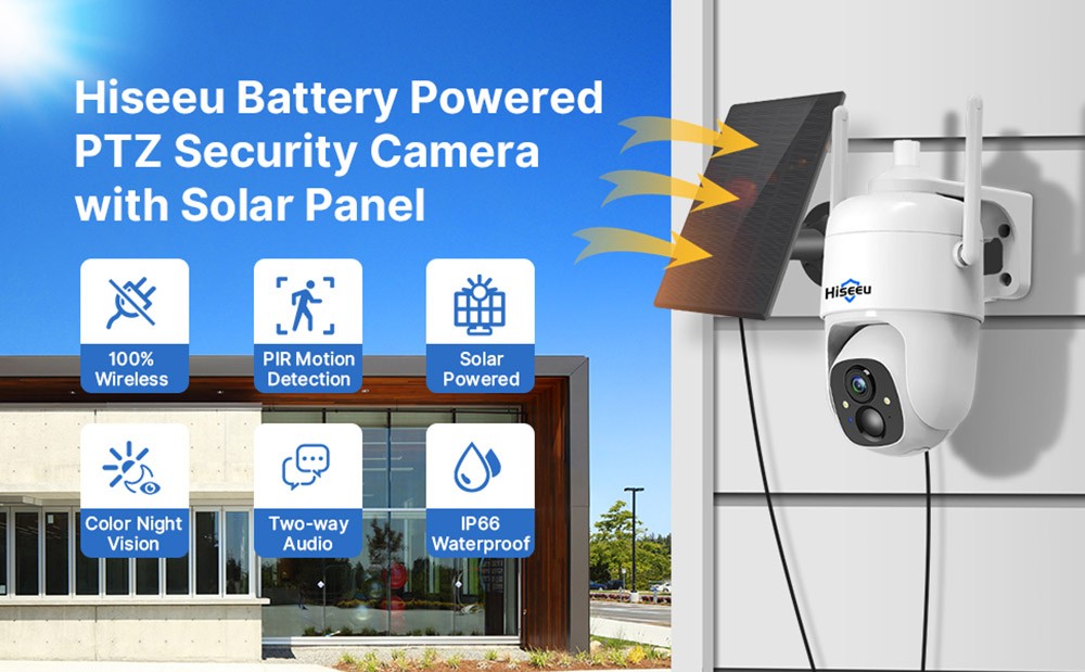 Hiseeu CQ1 Outdoor Solar Security Camera, 2K PTZ Wireless Camera, Color Night Vision, Battery Powered, PIR Motion Detection, Two-Way Audio, Siren Alarm, Cloud Storage, IP66 Waterproof