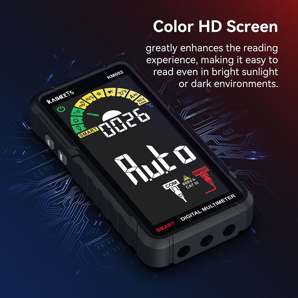 KAIWEETS KM602 Digital Multimeter 6000 Counts True-RMS Meter Smart Mode Manual Mode 1200mAh Rechargeable Battery Flashlight Auto-Lock - Black