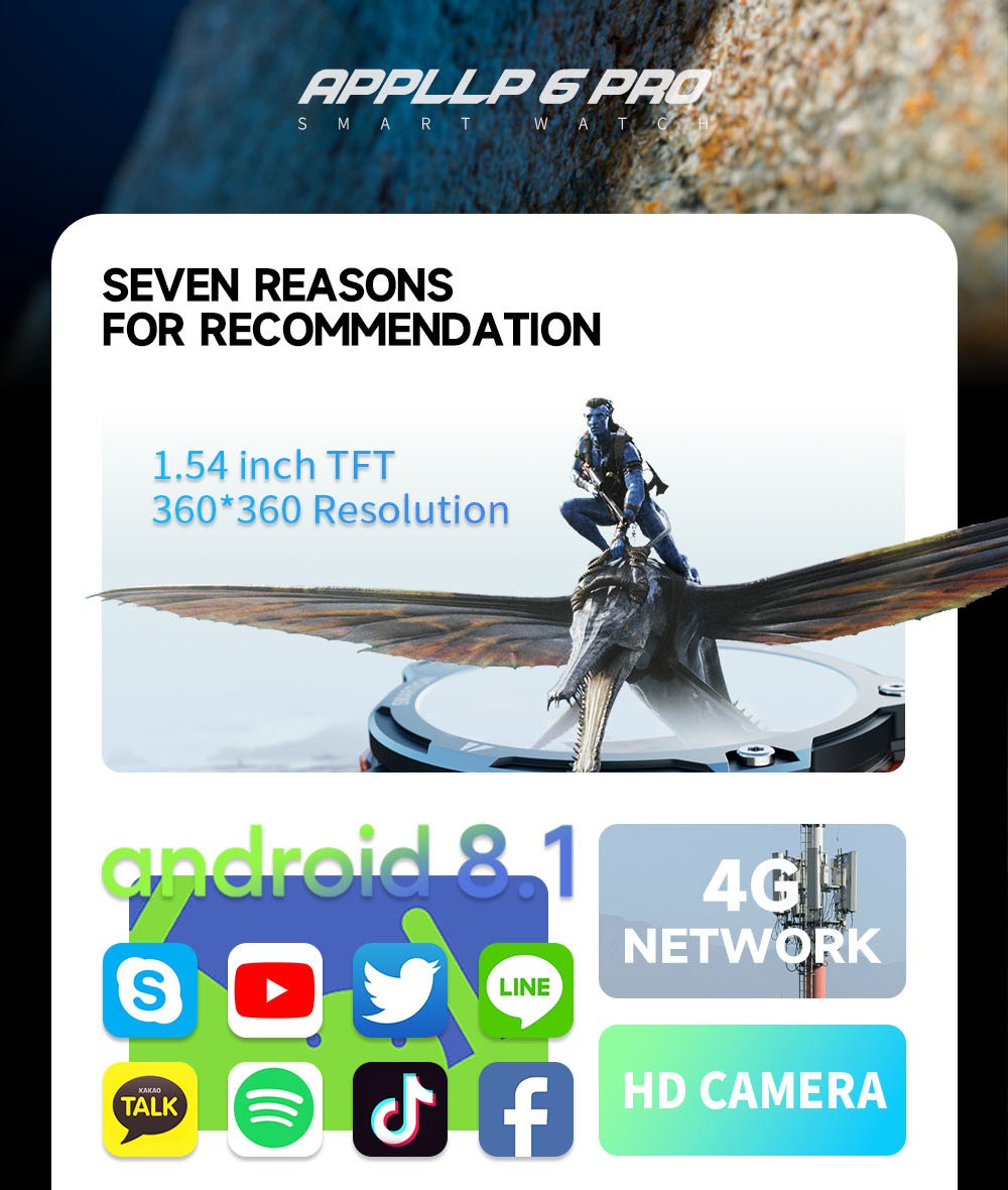 LOKMAT APPLLP 6 Pro 4G LTE Phone Watch, 3GB RAM 64GB ROM, Heart Rate Monitor, Support 2.4G WiFi, Beidou, GPS - Blue