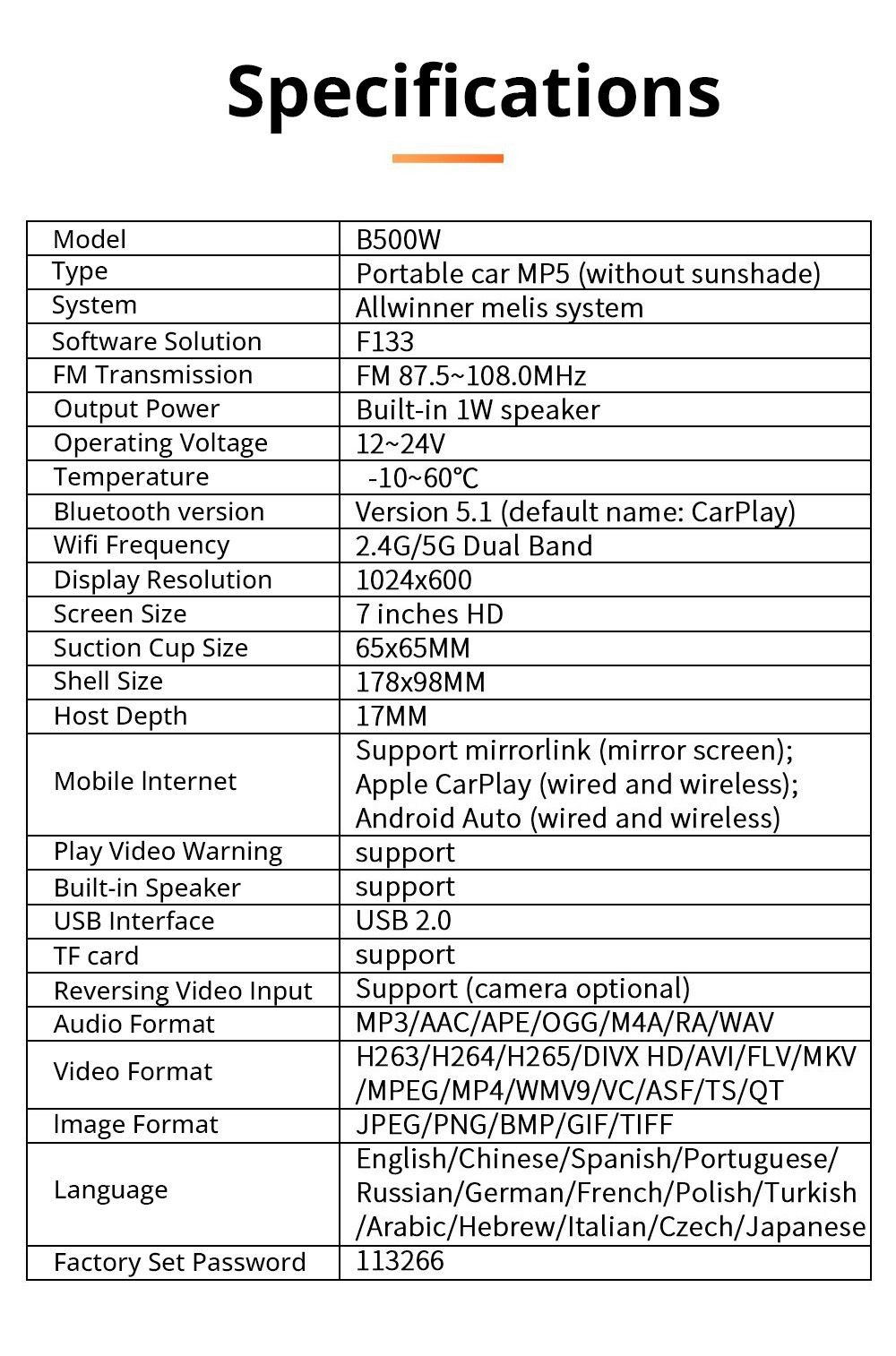Portable Car MP5 Player FM Radio 7-inch Touch Screen, Support Bluetooth Music and Hands-free Calling