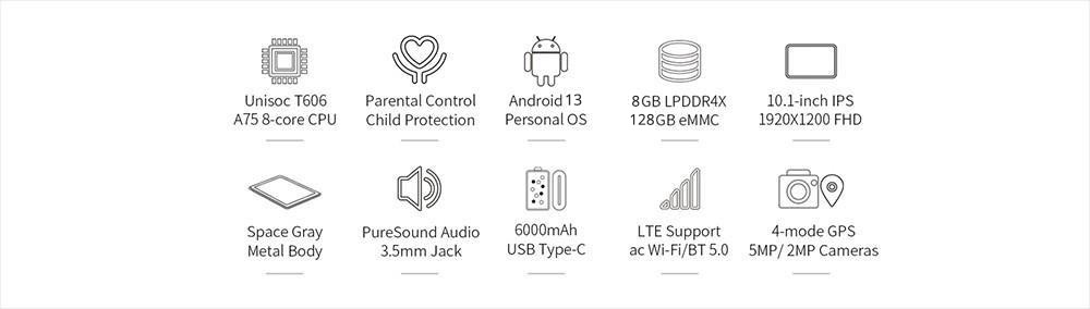 Teclast P40HD 10.1'' Tablet Unisoc T606 A75 8-core CPU 8GB RAM 128GB ROM Android 13 2.4G/5G WiFi EU Plug 6000mAh Battery