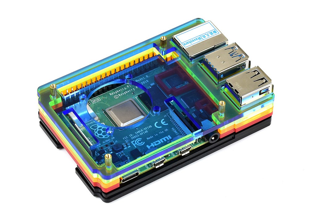 Waveshare PI4-CASE-A for Raspberry Pi 4th Generation B Acrylic Case Rainbow Shell with Cooling Fan