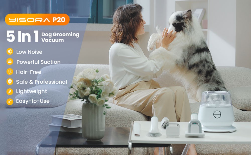 YISORA P20S Dog Clipper with Pet Hair Vacuum Cleaner, Max 10KPa Suction, 1.2L Dust Box, Low Noise, Dog Cat Pet Hair Trimmer, with 5 Proven Care Tools