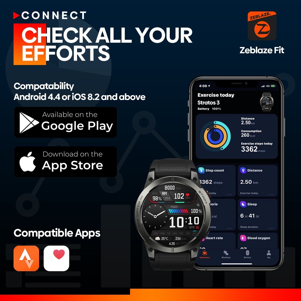 Zeblaze Stratos 3 GPS Smartwatch Voice Calling, 1.43in AMOLED Screen, 24h Health Monitor, Bluetooth 5.3 - Orange