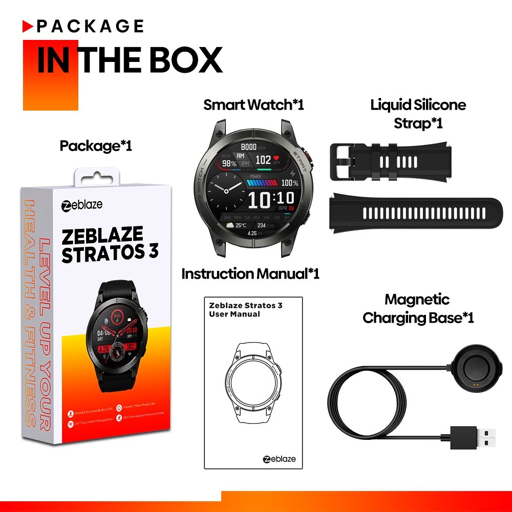 Zeblaze Stratos 3 GPS Smartwatch Voice Calling, 1.43in AMOLED Screen, 24h Health Monitor, Bluetooth 5.3 - Orange