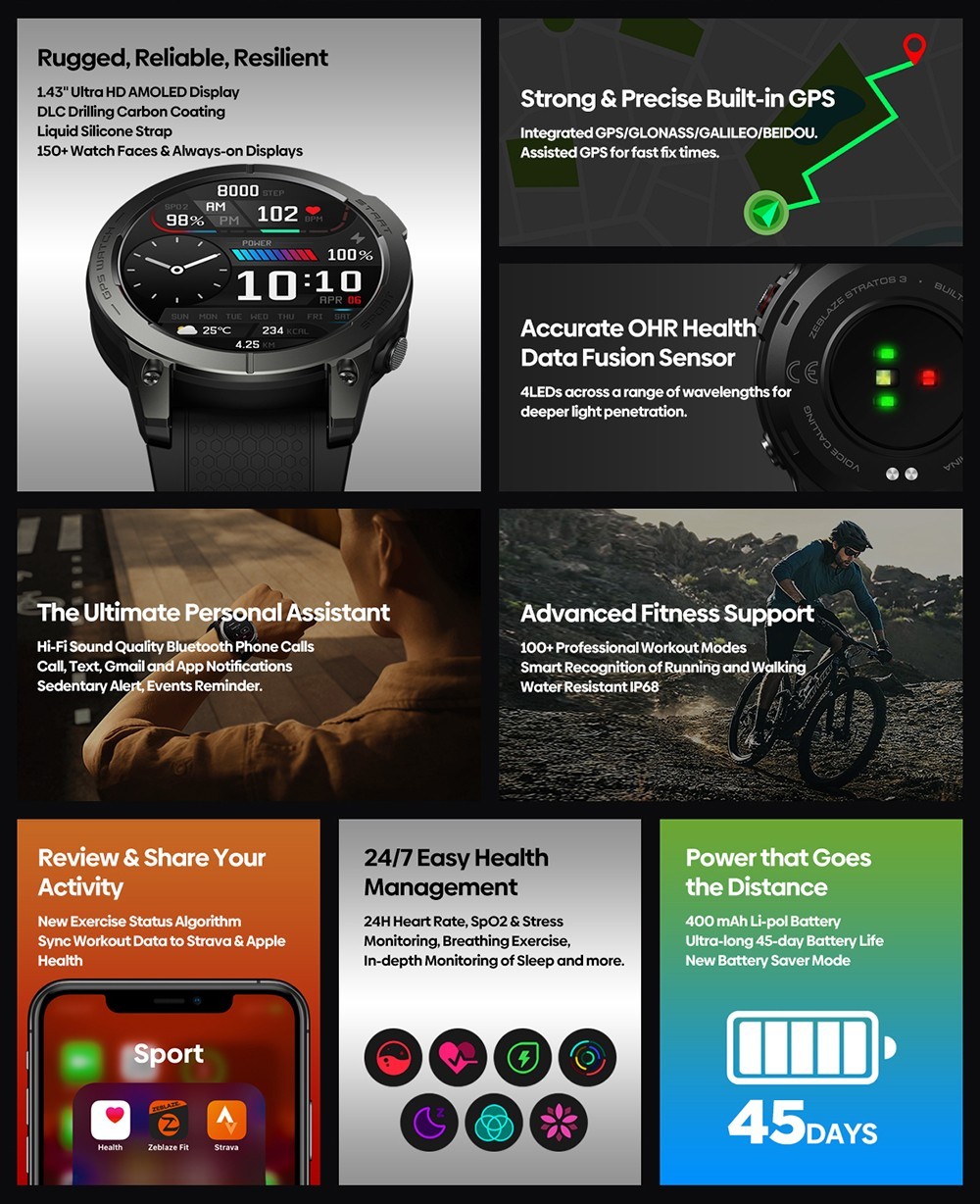 Zeblaze Stratos 3 GPS Smartwatch Voice Calling, 1.43in AMOLED Screen, 24h Health Monitor, Bluetooth 5.3 - Orange