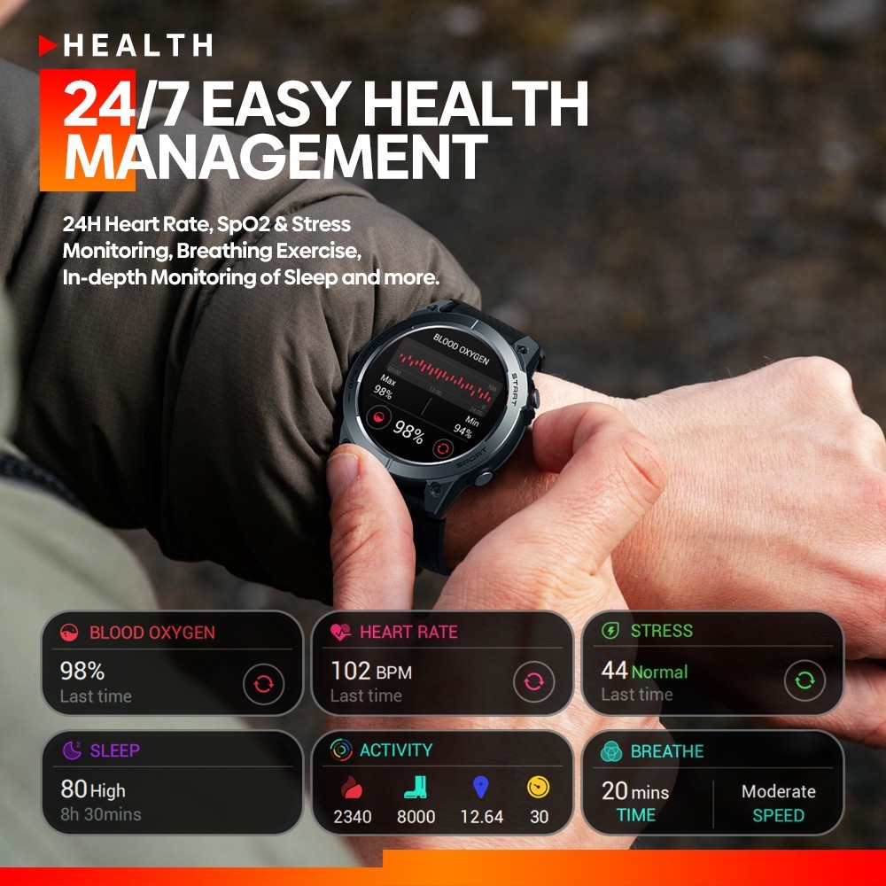 Zeblaze Stratos 3 GPS Smartwatch Voice Calling, 1.43in AMOLED Screen, 24h Health Monitor, Bluetooth 5.3 - Orange