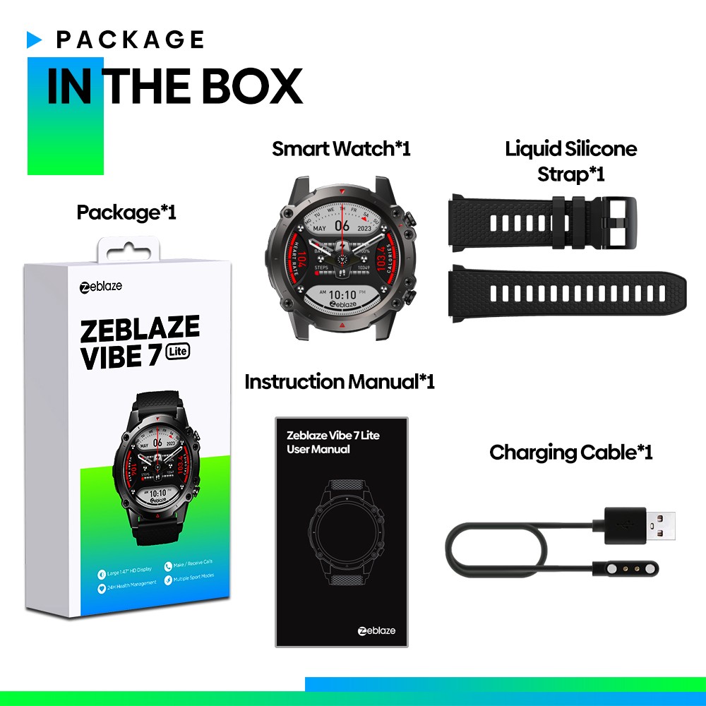 Zeblaze Vibe 7 Lite Smartwatch Voice Calling, 1.47in IPS Color Screen, 24h Health Monitor, Bluetooth 5.2 - Black