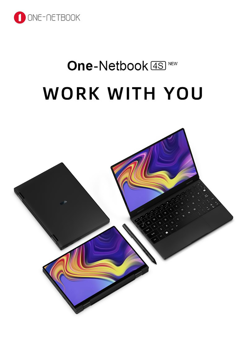 One Netbook 4S Platinum 2 in 1 Laptop Intel Core i3-1110G4 Processor, 16GB LPDDR5 2TB ROM 10.1'' 2.5K LTPS Full Display - US Plug