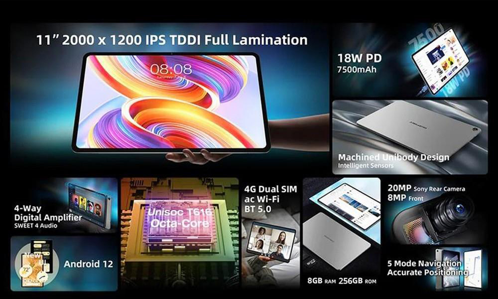 Teclast T50 11'' Tablet 8GB RAM 256GB ROM Unisoc T616 Octa Core, Android 12 8MP+20MP Camera, 7500mAh Battery 2.4/5G WiFi
