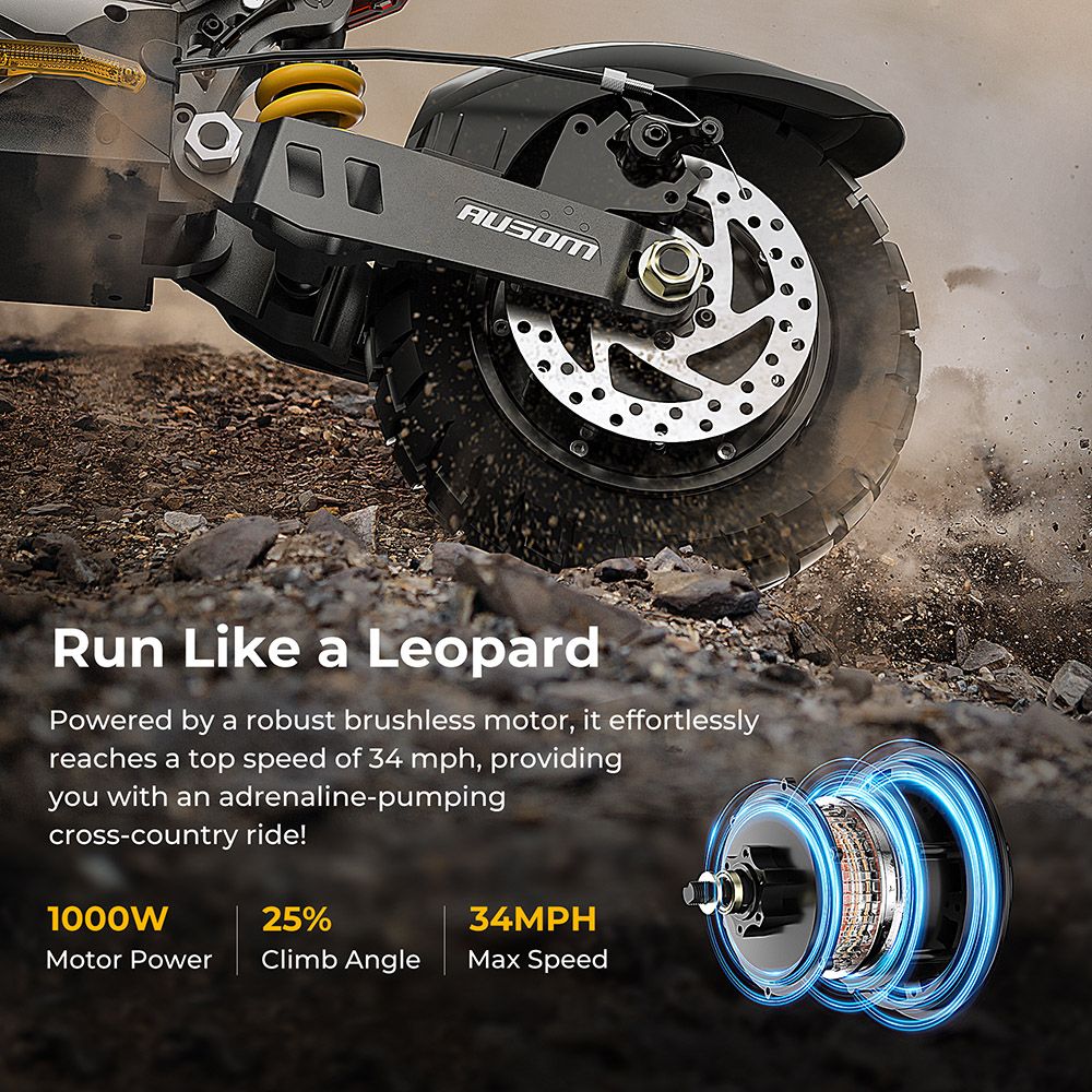 Ausom Leopard Off-Road Electric Scooter, 1000W Motor 34mph Max Speed 20.8Ah Battery 52 Miles Range, with LCD Display and Detachable Seat