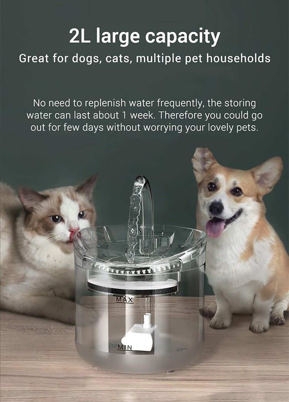 Fluffee Pet Water Fountain Smart Sensor Version, 2 Water Flow Modes, 2L Capacity, Low Noise, Faucet Shape - UK Plug