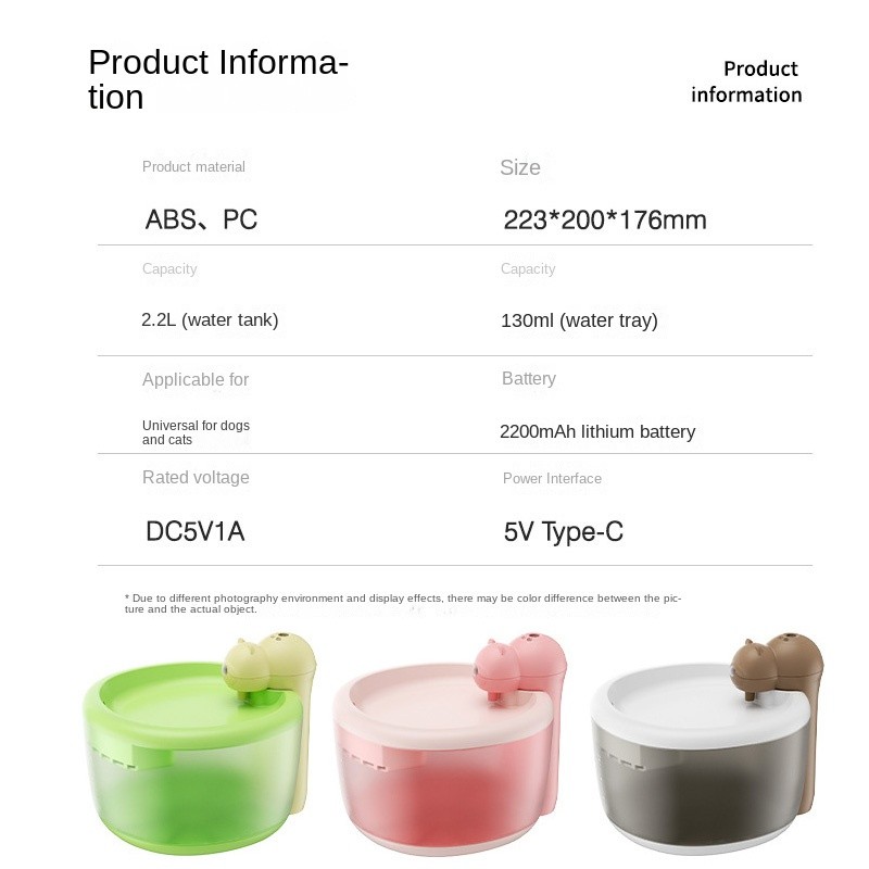 Fluffee Cute Bear Wireless Pet Fountain Water Dispenser, 2.2L Capacity, Low Noise, 2200mAh Battery - Green