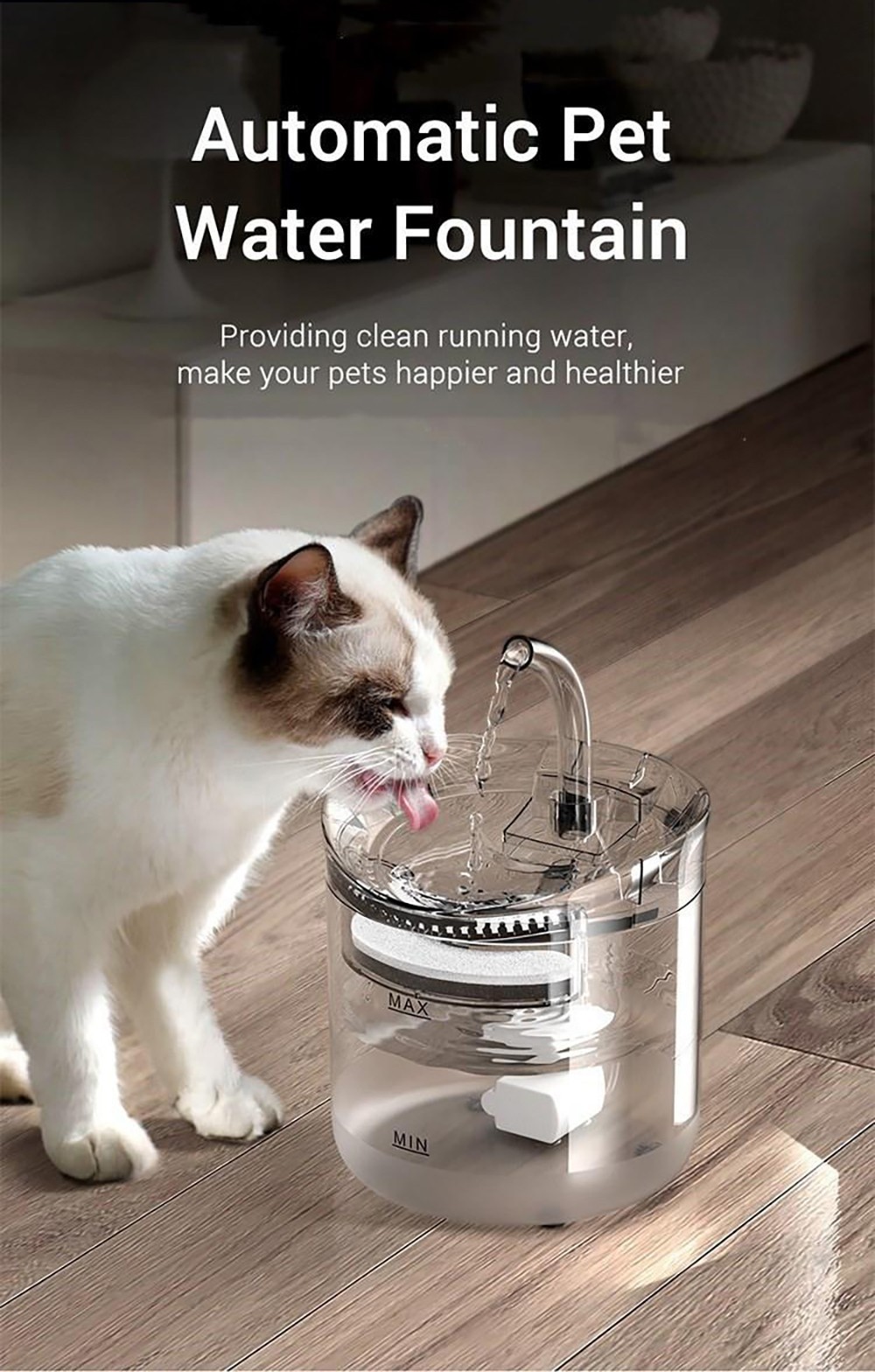 Fluffee Pet Water Fountain Smart Sensor Version, 2 Water Flow Modes, 2L Capacity, Low Noise, Faucet Shape - UK Plug