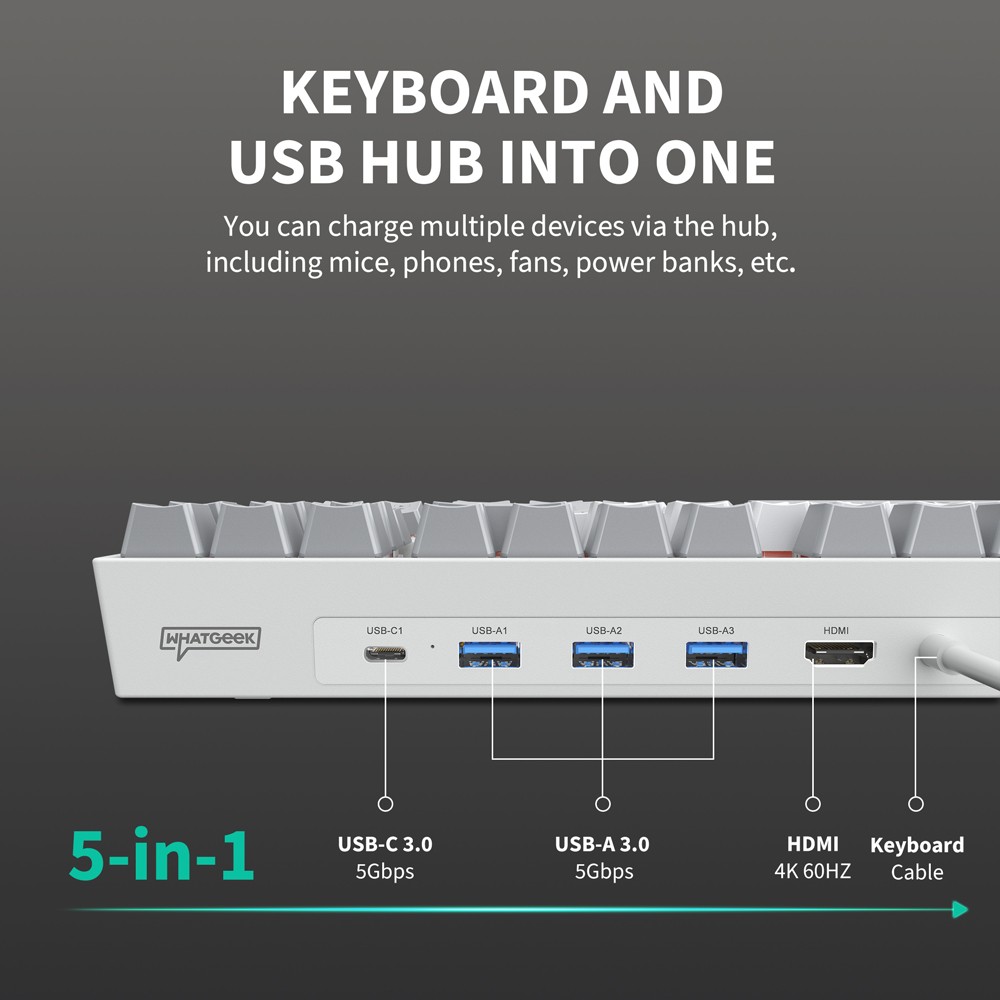 3inuS 87-Key 5-in-1 Mechanical Keyboard Hub Dual USB-C Cable Hot-Swappable - Blue Switches