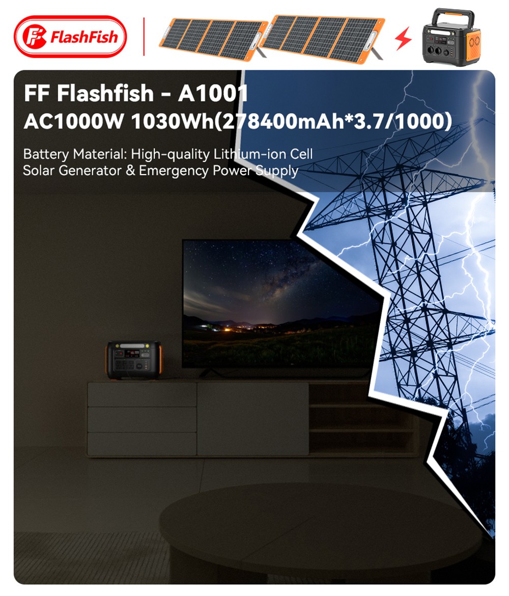 Flashfish A1001 1000W Portable Power Station, 1030Wh/278400mAh Solar Generator, Pure Sine Wave AC Ports, 7 Outputs, LED Lights - EU Plug