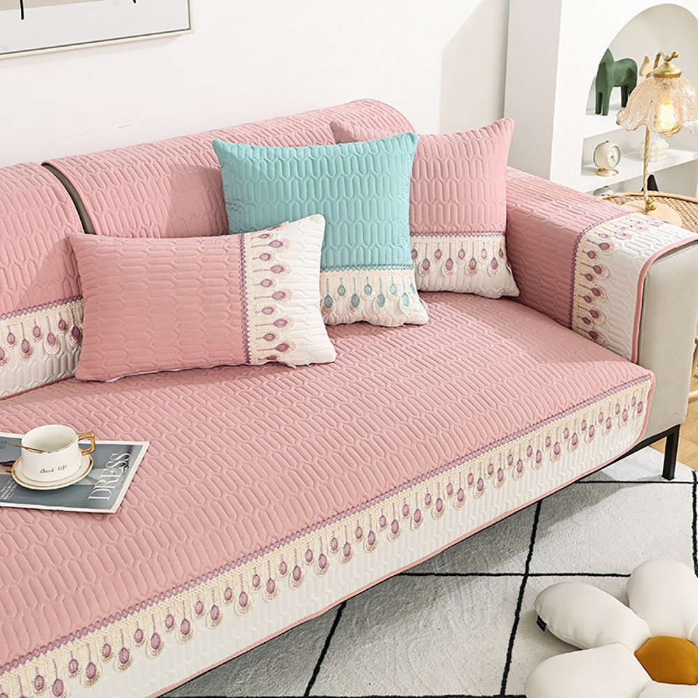 90-70cm Feather Embroidery Quilted Couch Cover - Pink