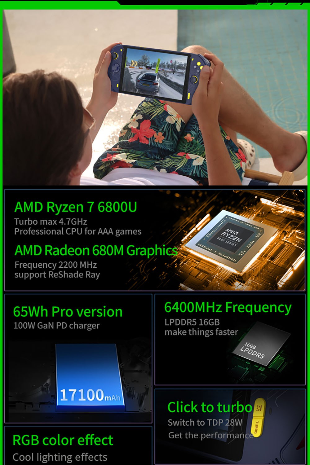 AOKZOE A1 Video Game Console Laptop, AMD Ryzen 76800U, 16GB LPDDR5 512GB SSD, Pre Installed Windows 11, Cooling System