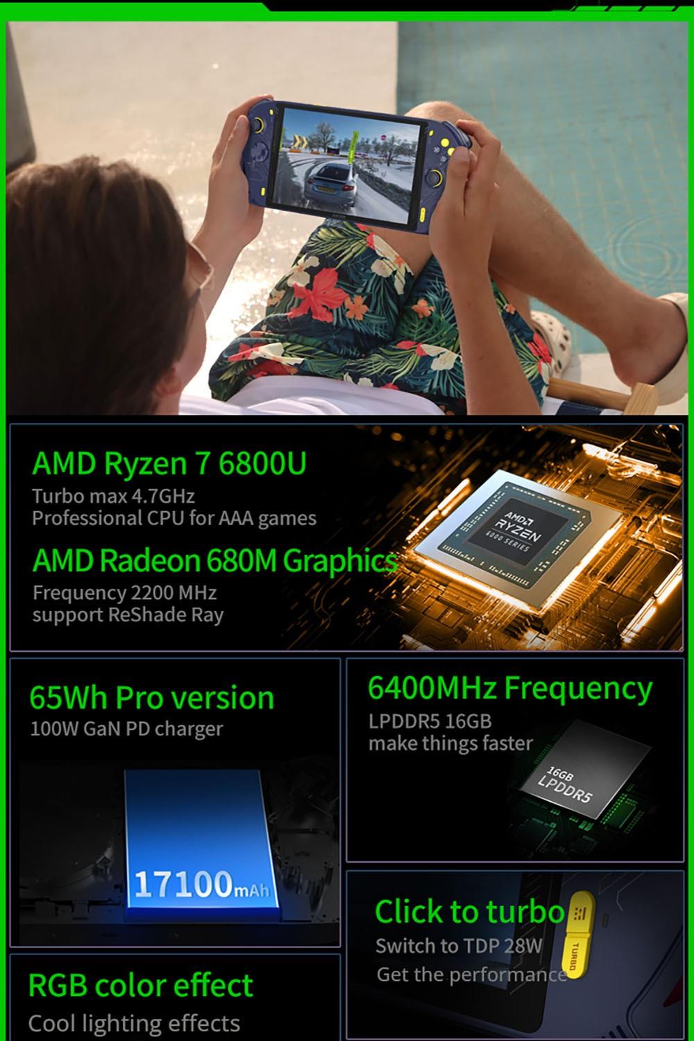 AOKZOE A1 Video Game Console Laptop, AMD Ryzen 76800U, 16GB LPDDR5 512GB SSD, Pre Installed Windows 11, Cooling System - JP