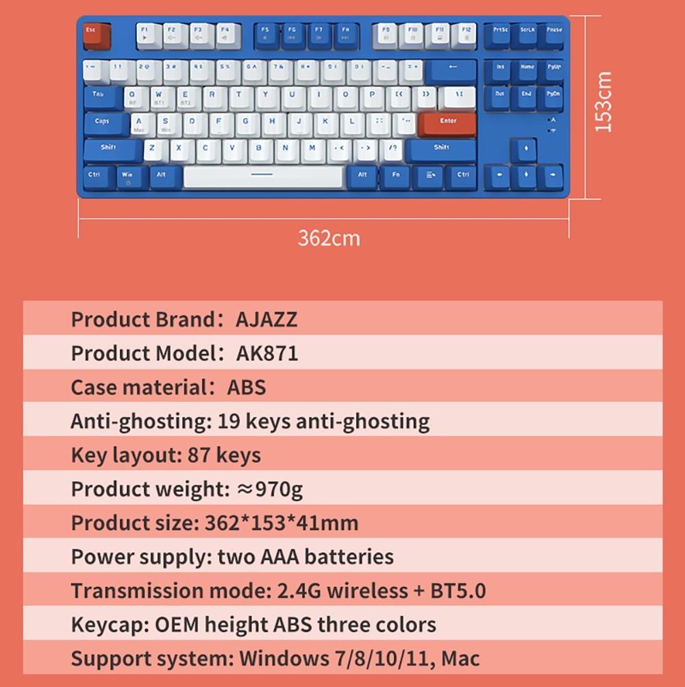 Ajazz AK871 87 Keys Wireless Dual-mode Mechanical Keyboard - Blue Switch