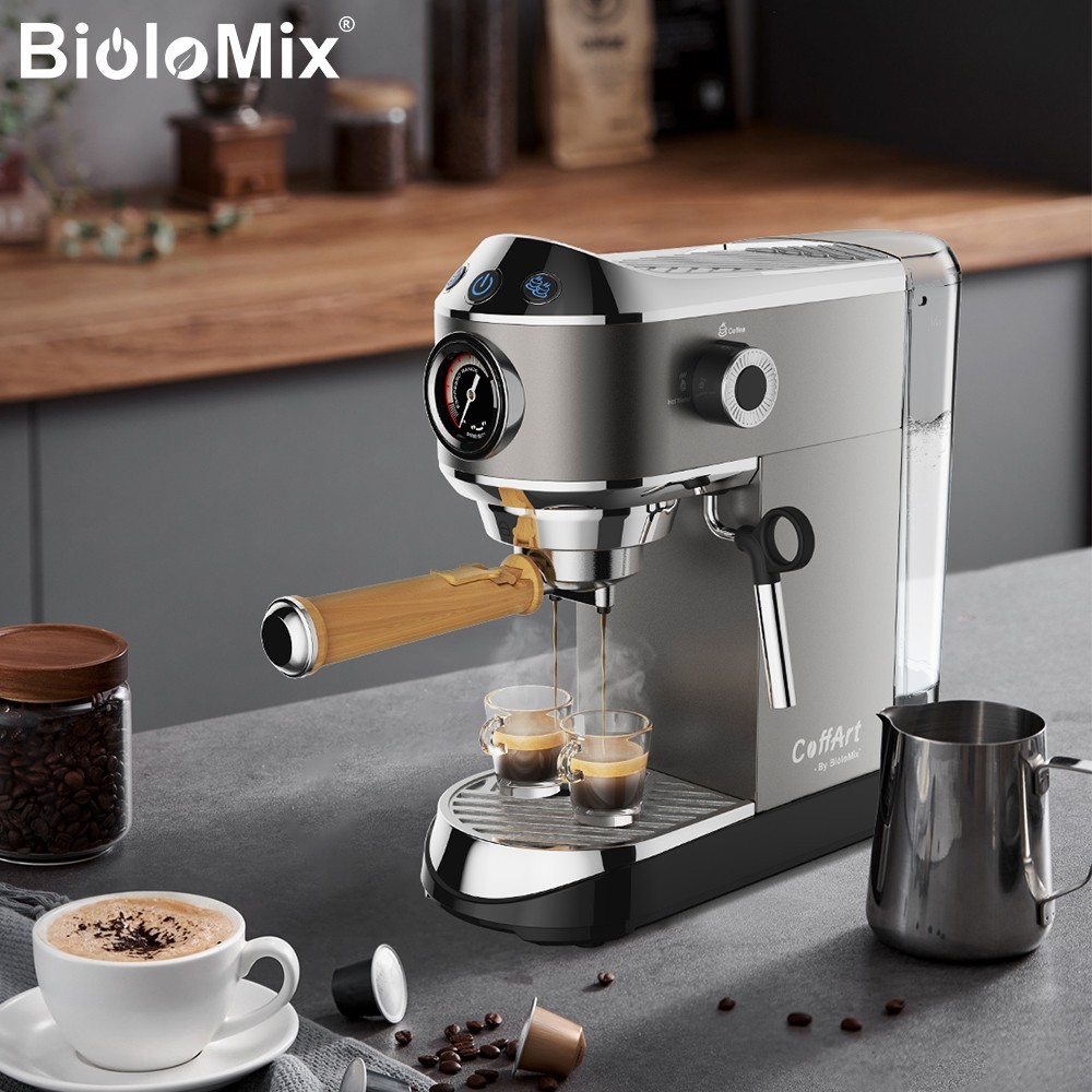 BioloMix CM7008 Semi-Automatic Espresso Coffee Maker with Milk Steam Frother Wand, 20 Bar Pressure, 1.1L Water Tank, Single/Double Cup
