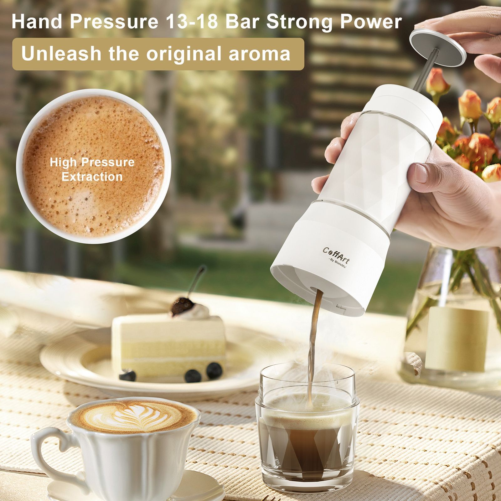 BioloMix HS8439 Portable Coffee Maker, 13-18Bar Pressure Hand Press Capsule Ground Coffee Brewer, 80ml Water Container, for Travel and Picnic - White