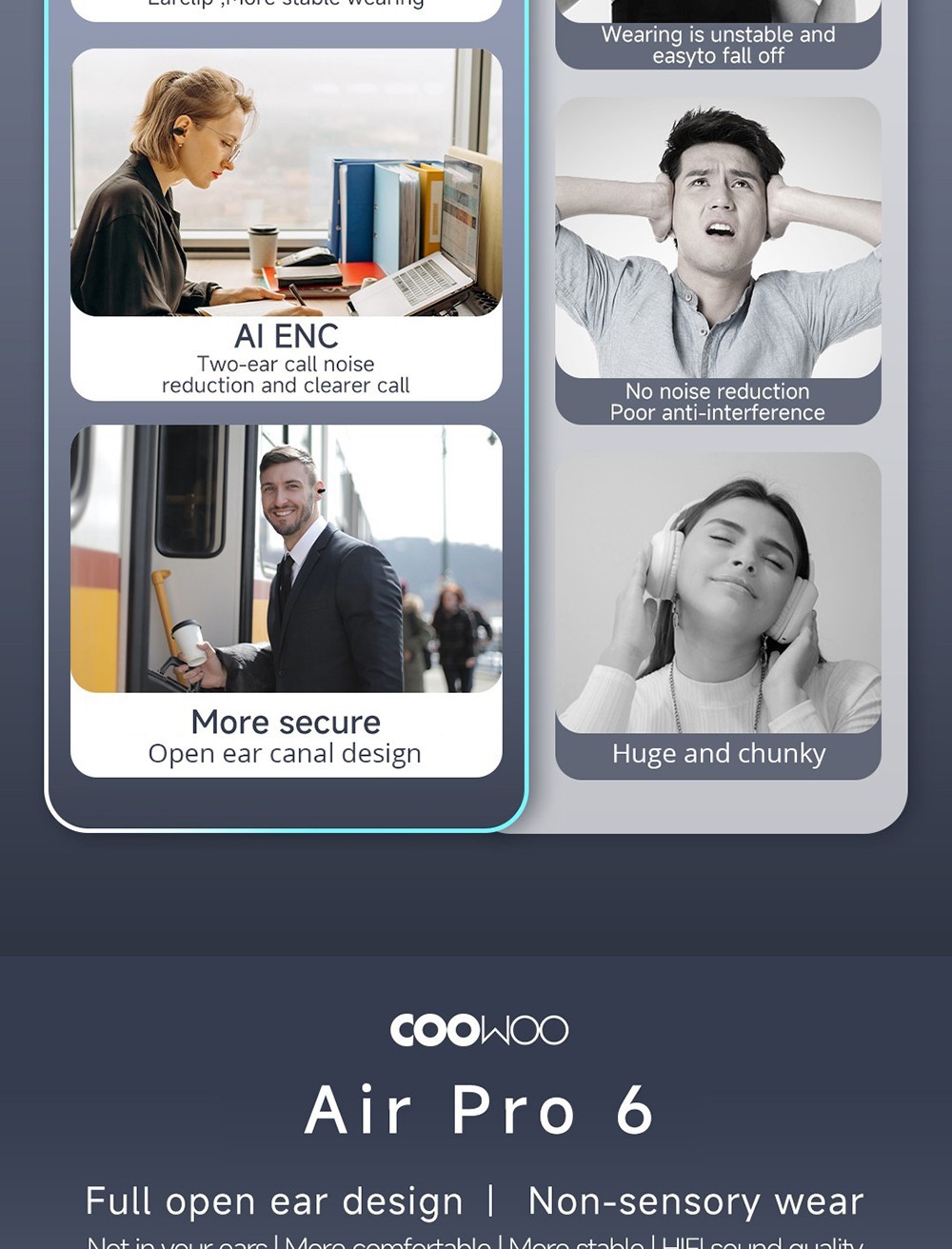 Coowoo Air Pro 6 Bluetooth Clip-on Open Ear Headphones - Black