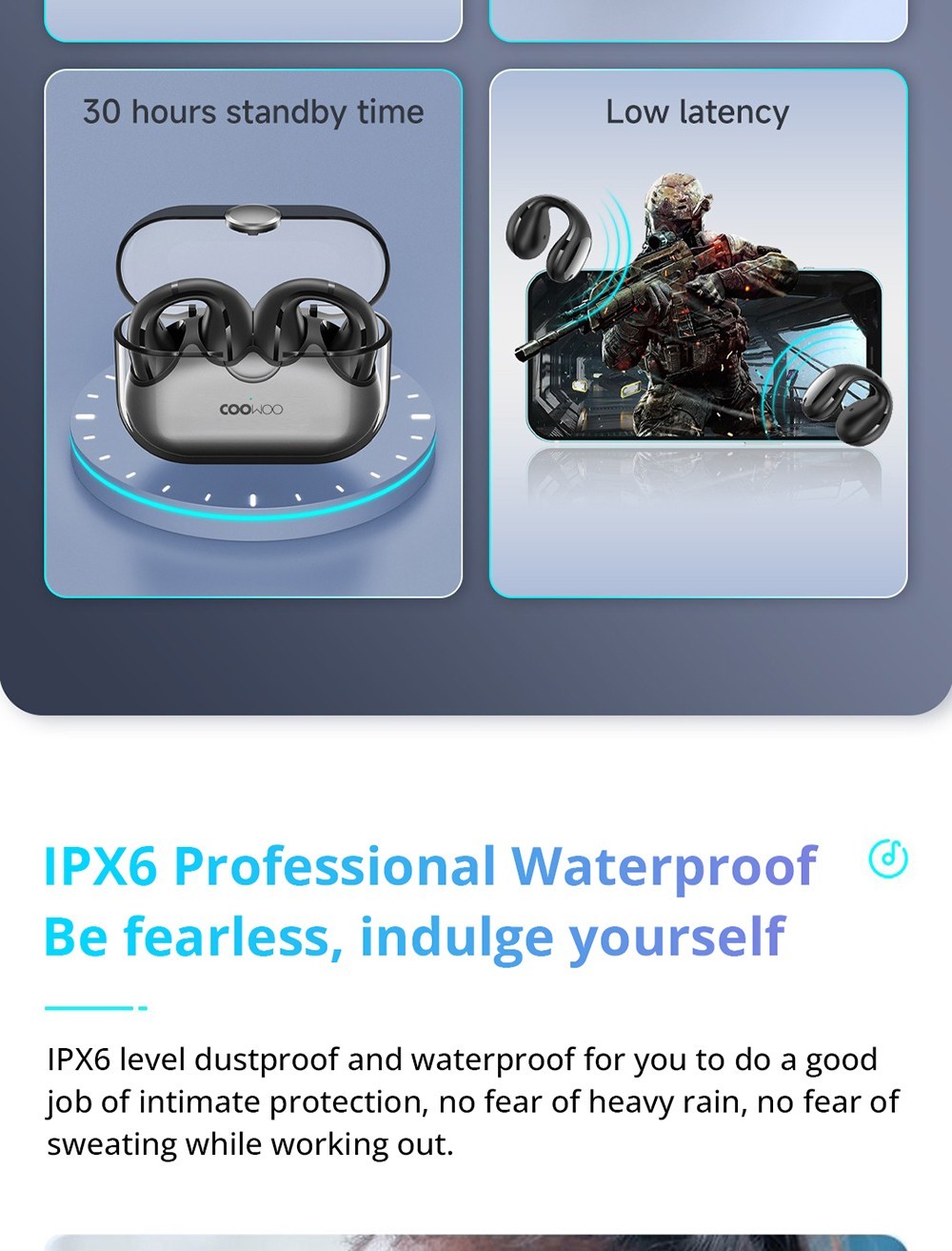 Coowoo Air Pro 6 Bluetooth Clip-on Open Ear Headphones - Black