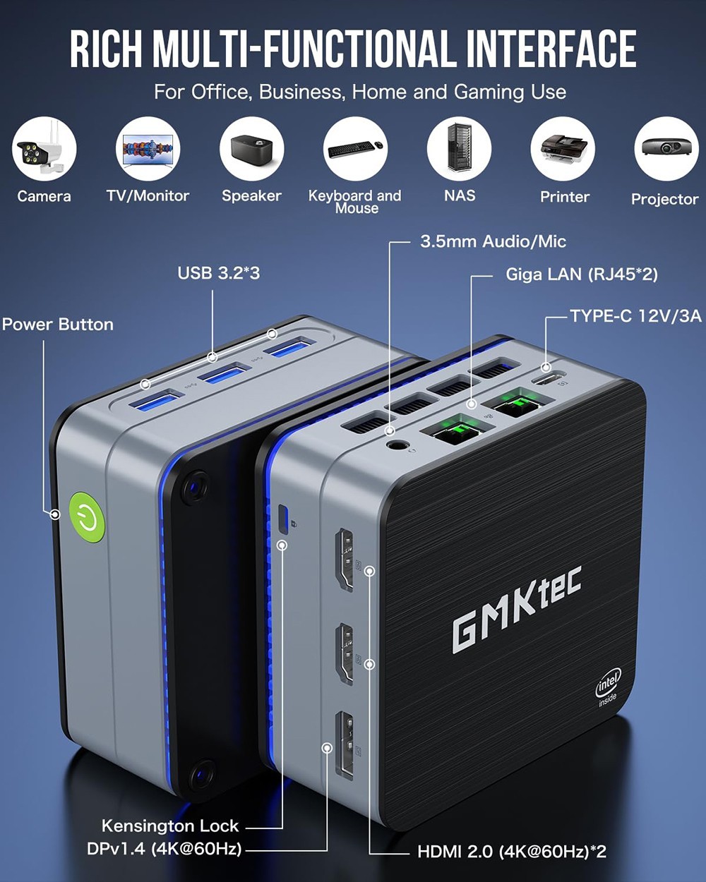 GMK G2 Mini PC Intel Alder Lake N100 up to 3.4GHz, 12GB DDR5 256GB SSD, WiFi 6, 2*Ethernet 1000Mbps Giga LAN RJ45 Windows 11 Pro