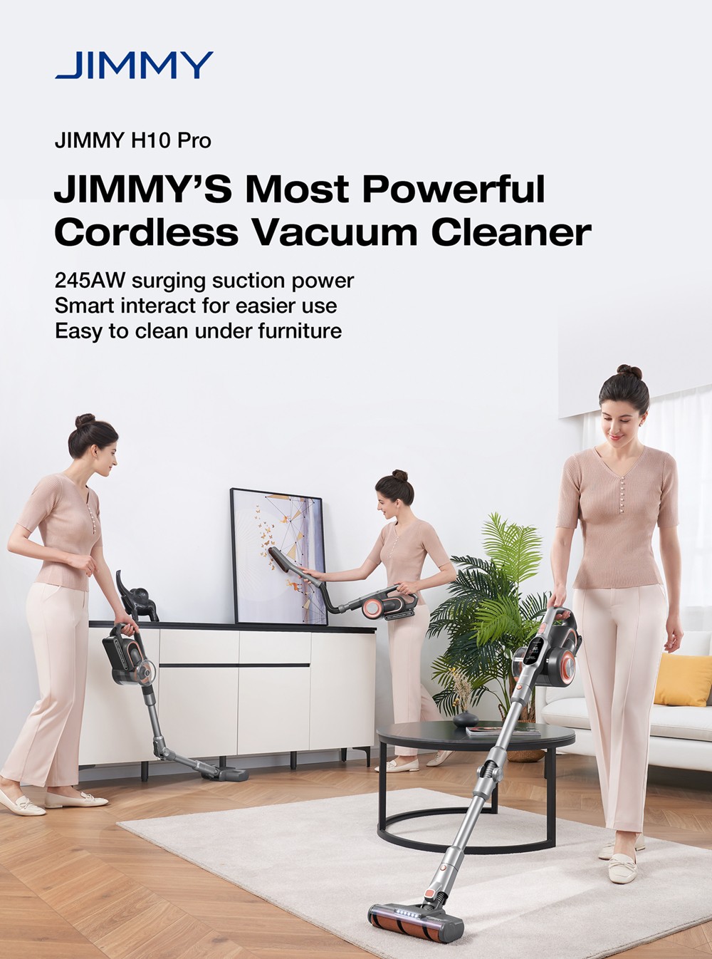 Refurbished JIMMY H10 Pro Flexible Smart Handheld Cordless Vacuum Cleaner 245AW 26Kpa Suction Intelligent Dust Sensor 3000mAH Battery 90min Run Time 600ml Dust Cup LCD Screen with 6 LED Headlights - Silver