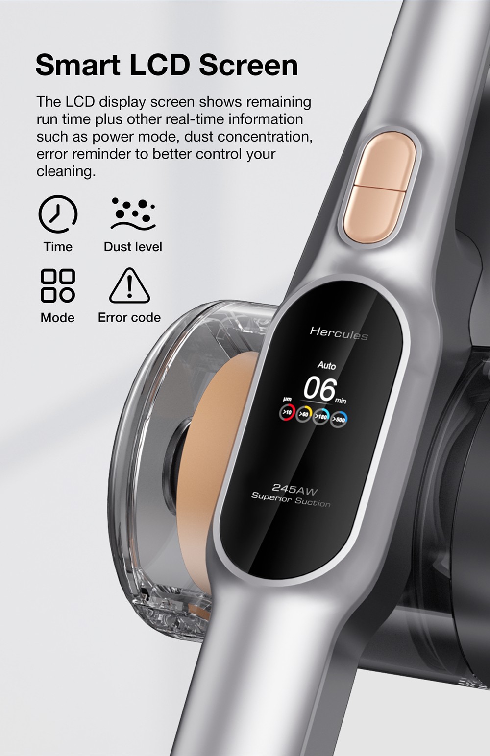 Refurbished JIMMY H10 Pro Flexible Smart Handheld Cordless Vacuum Cleaner 245AW 26Kpa Suction Intelligent Dust Sensor 3000mAH Battery 90min Run Time 600ml Dust Cup LCD Screen with 6 LED Headlights - Silver