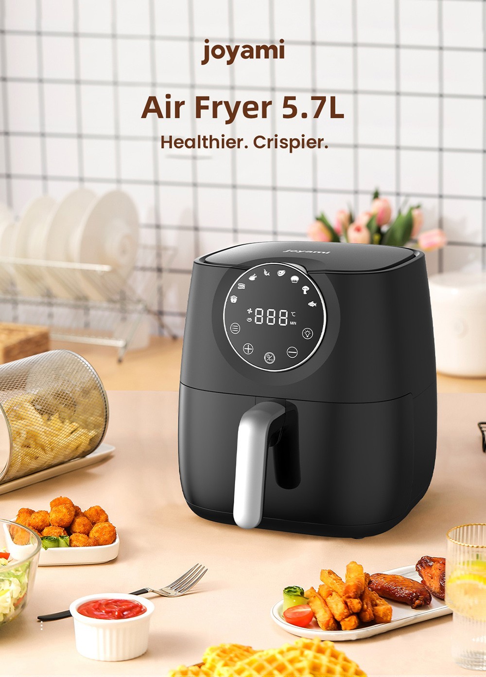 JOYAMI 1700W Air Fryer with Visible Window, 5.7L/6QT Capacity, 8 Presets, Touchscreen, Nonstick and Dishwasher Safe