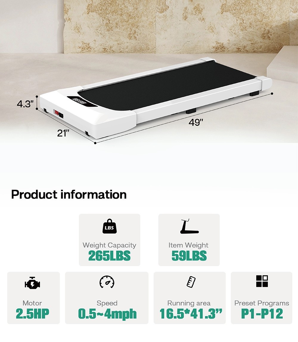 KRD Q20-1 2 in 1 Under Desk Treadmill with Remote Control, 2.5HP Motor, 265 LBS Load-Bearing, 1-6KM/H Speed - White