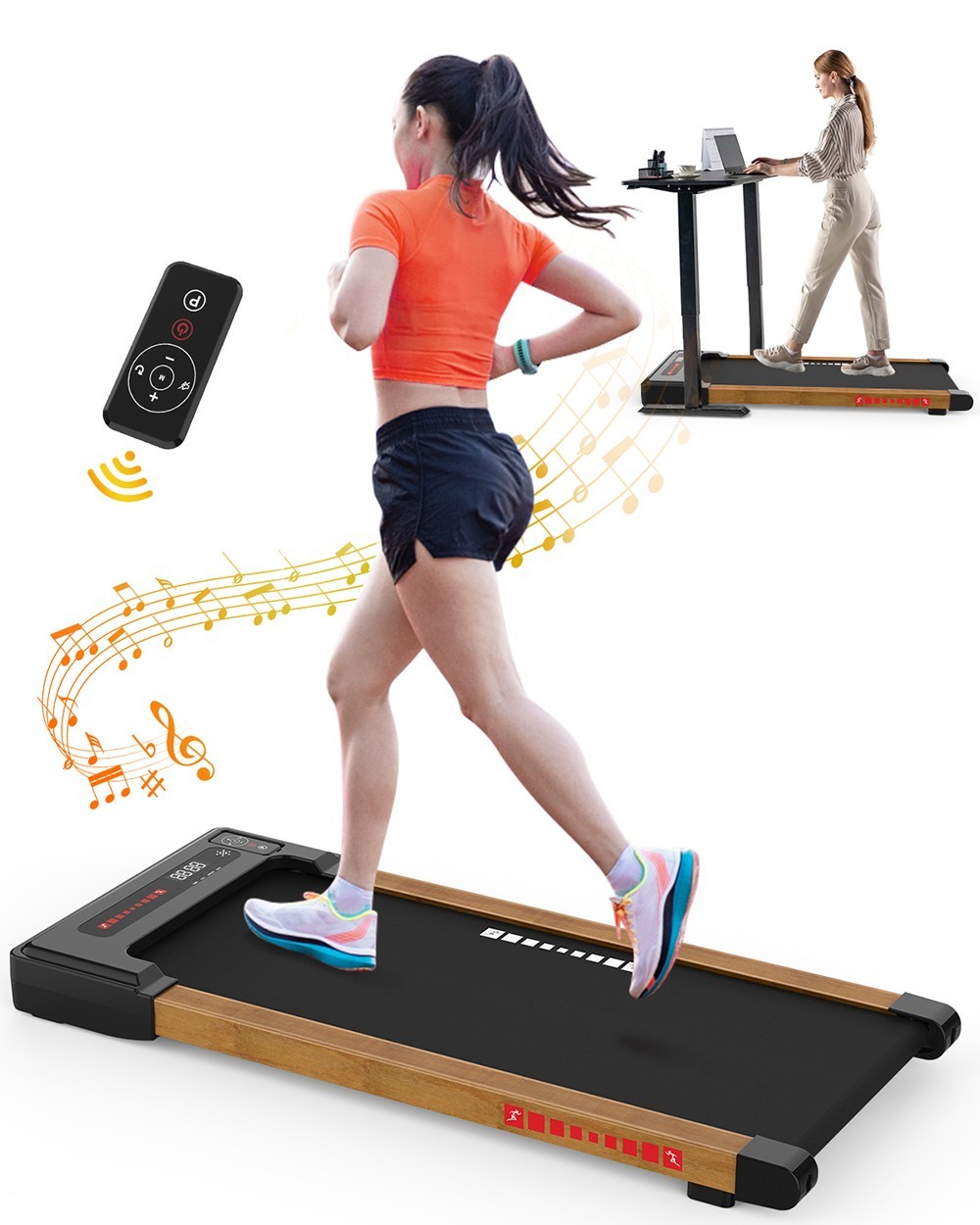 KRD-Q20 2 in 1 Under Desk Treadmill with Bluetooth Music, 2.5HP Motor, 265 LBS Load-Bearing, 1-6KM/H Speed, P1-P12 Program, LED Display, Remote Control