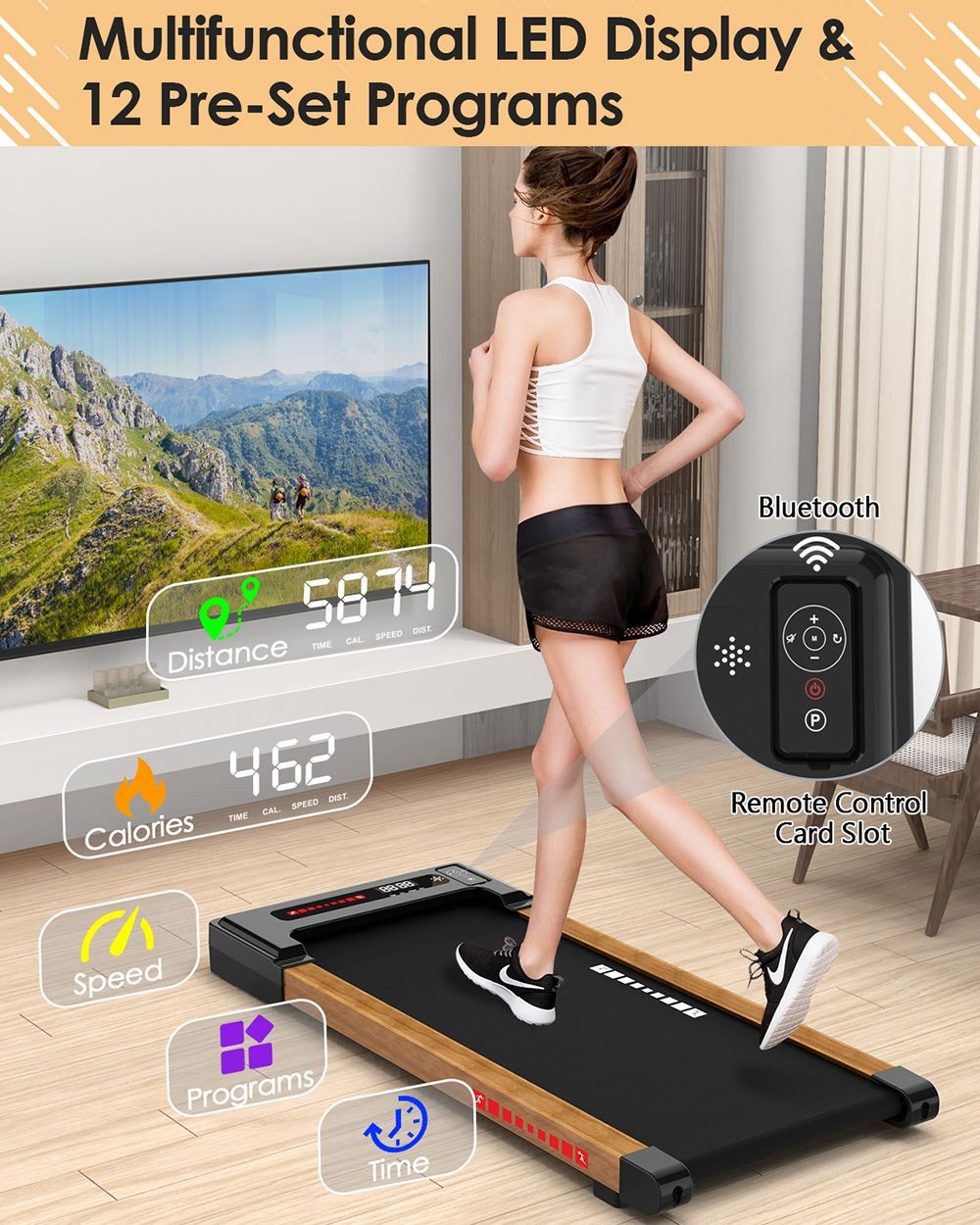 KRD-Q20 2 in 1 Under Desk Treadmill with Bluetooth Music, 2.5HP Motor, 265 LBS Load-Bearing, 1-6KM/H Speed, P1-P12 Program, LED Display, Remote Control