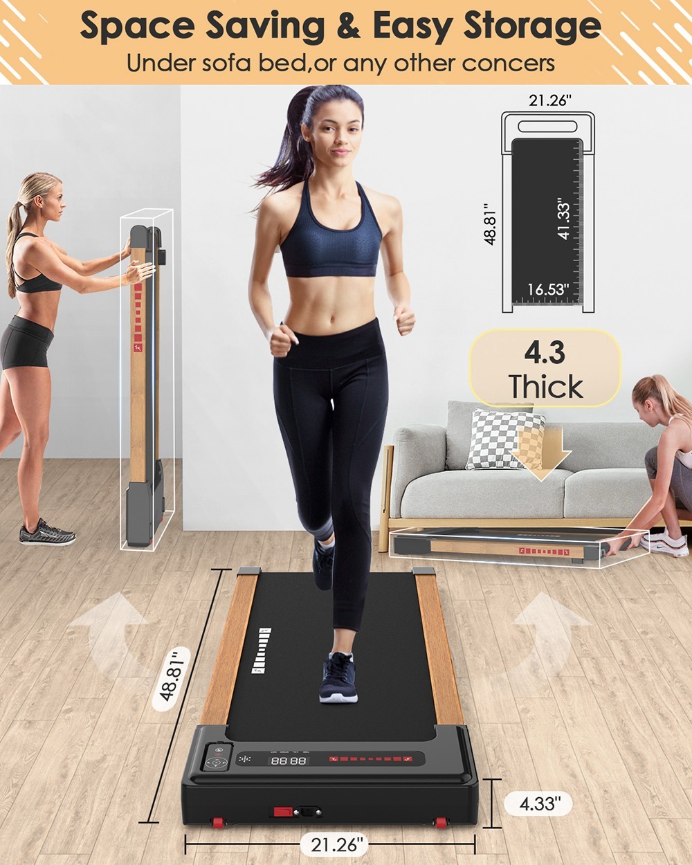 KRD-Q20 2 in 1 Under Desk Treadmill with Bluetooth Music, 2.5HP Motor, 265 LBS Load-Bearing, 1-6KM/H Speed, P1-P12 Program, LED Display, Remote Control