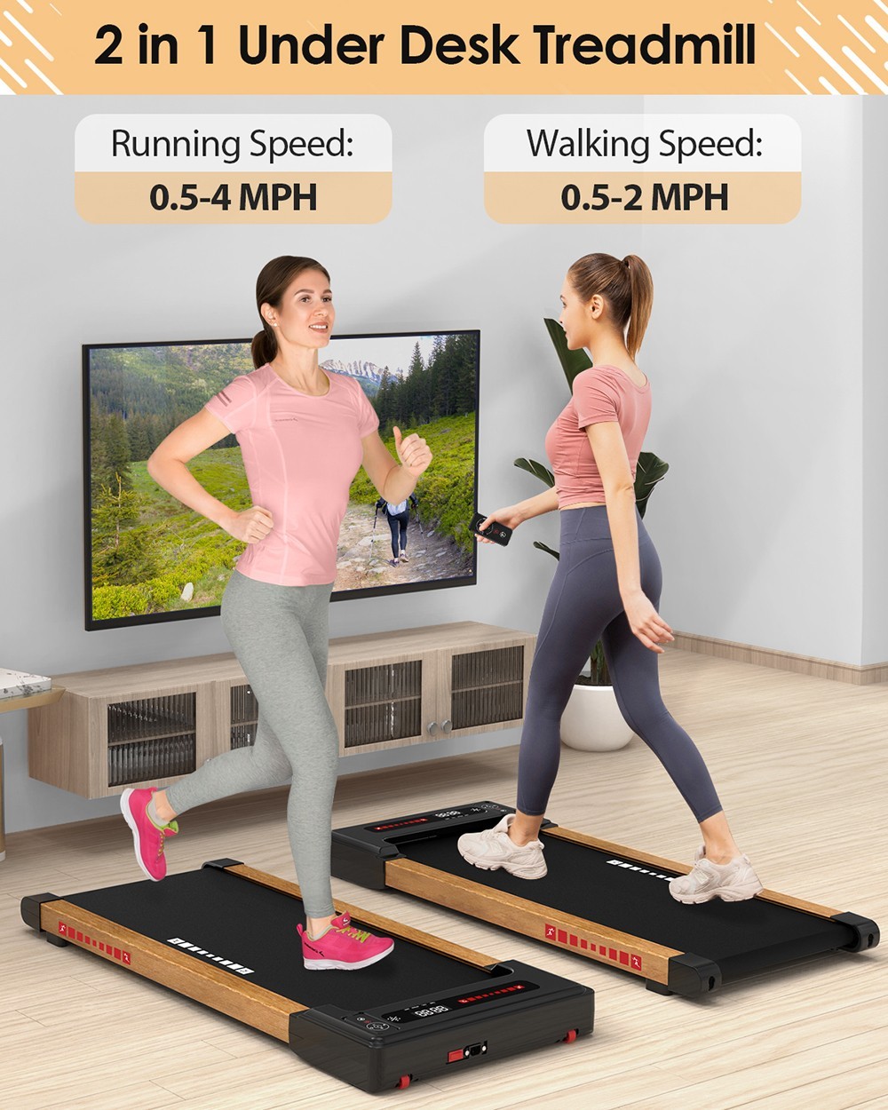 KRD-Q20 2 in 1 Under Desk Treadmill with Bluetooth Music, 2.5HP Motor, 265 LBS Load-Bearing, 1-6KM/H Speed, P1-P12 Program, LED Display, Remote Control