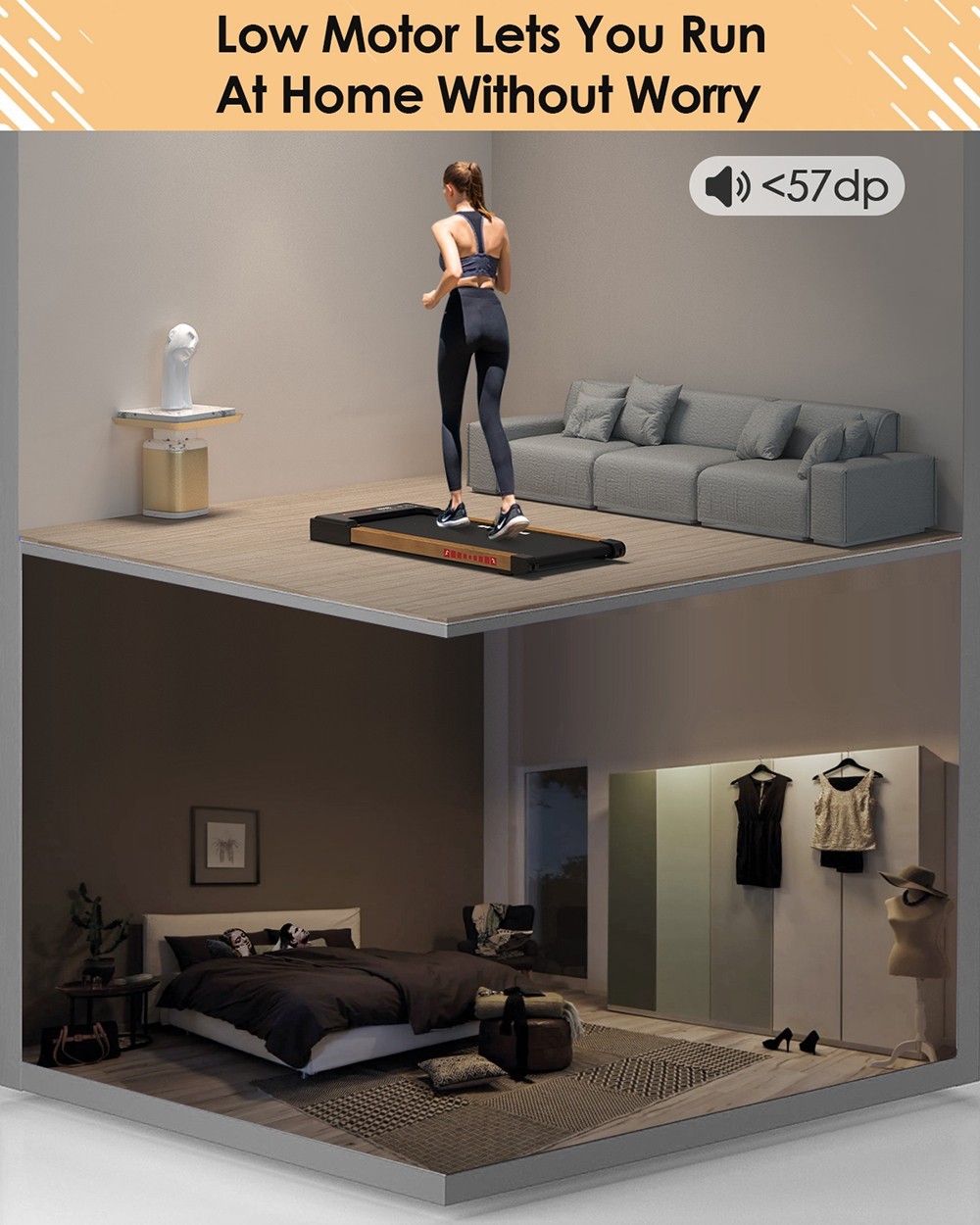 KRD-Q20 2 in 1 Under Desk Treadmill with Bluetooth Music, 2.5HP Motor, 265 LBS Load-Bearing, 1-6KM/H Speed, P1-P12 Program, LED Display, Remote Control