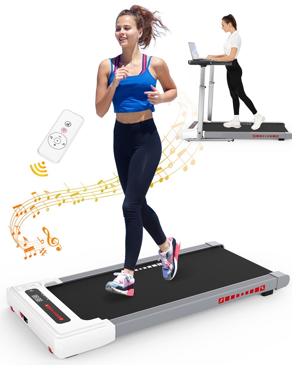 KRD-Q20 2 in 1 Under Desk Treadmill with Bluetooth Music, 2.5HP Motor, 265 LBS Load-Bearing, 1-6KM/H Speed, P1-P12 Program, LED Display, Remote Control