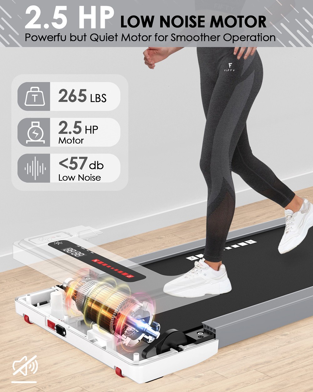 KRD-Q20 2 in 1 Under Desk Treadmill with Bluetooth Music, 2.5HP Motor, 265 LBS Load-Bearing, 1-6KM/H Speed, P1-P12 Program, LED Display, Remote Control