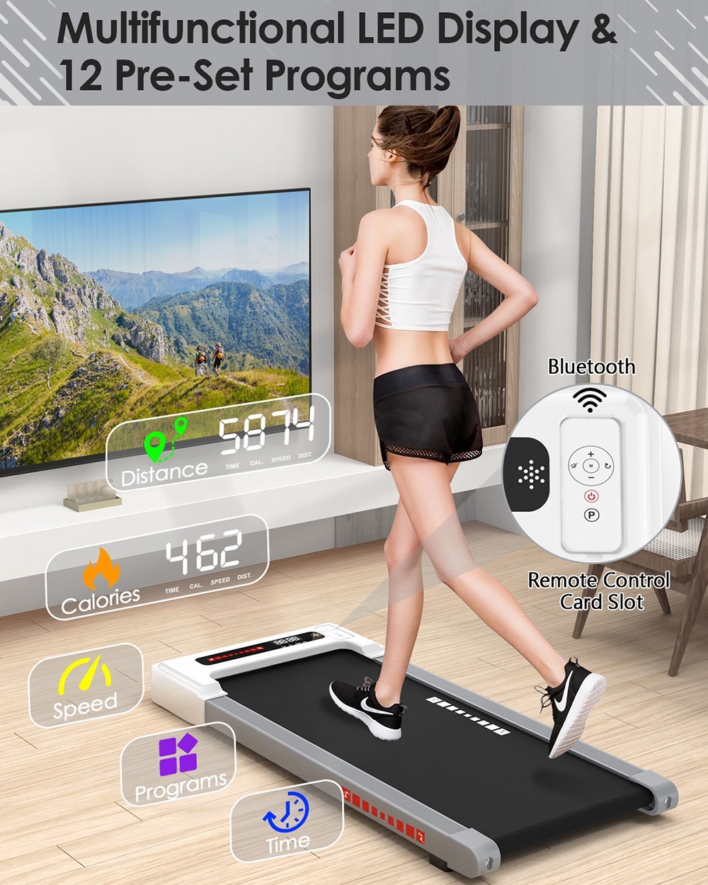 KRD-Q20 2 in 1 Under Desk Treadmill with Bluetooth Music, 2.5HP Motor, 265 LBS Load-Bearing, 1-6KM/H Speed, P1-P12 Program, LED Display, Remote Control