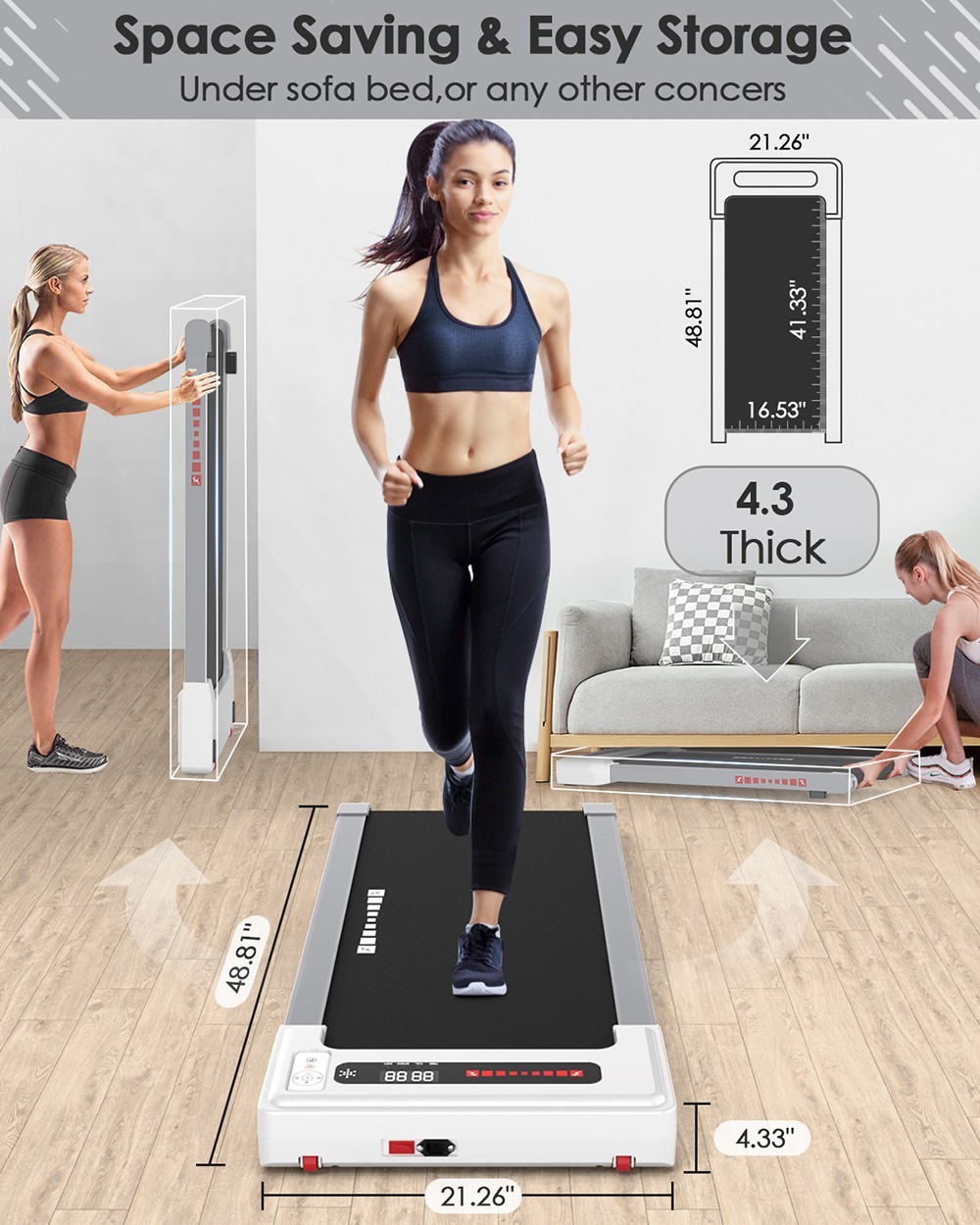 KRD-Q20 2 in 1 Under Desk Treadmill with Bluetooth Music, 2.5HP Motor, 265 LBS Load-Bearing, 1-6KM/H Speed, P1-P12 Program, LED Display, Remote Control
